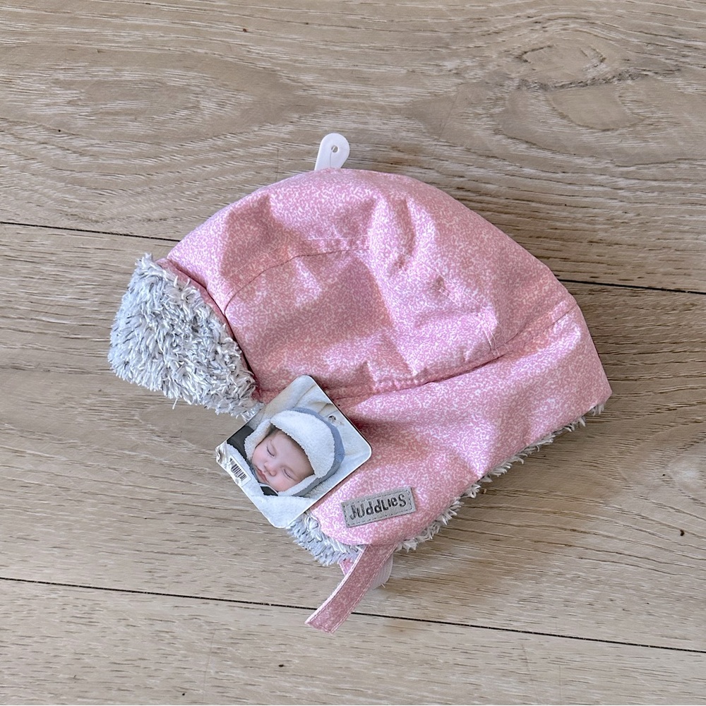 NWT Sz 0-6m Juddlies Heather Pink/Gray Faux Fur Lined Ear Flap Winter Hat